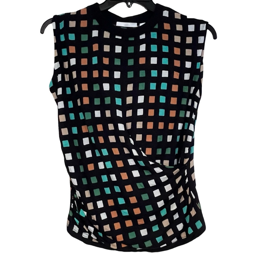 BOSS Women Esanta Sleeveless Navy Top with Multicolor Check Print, Fits L / XL‎